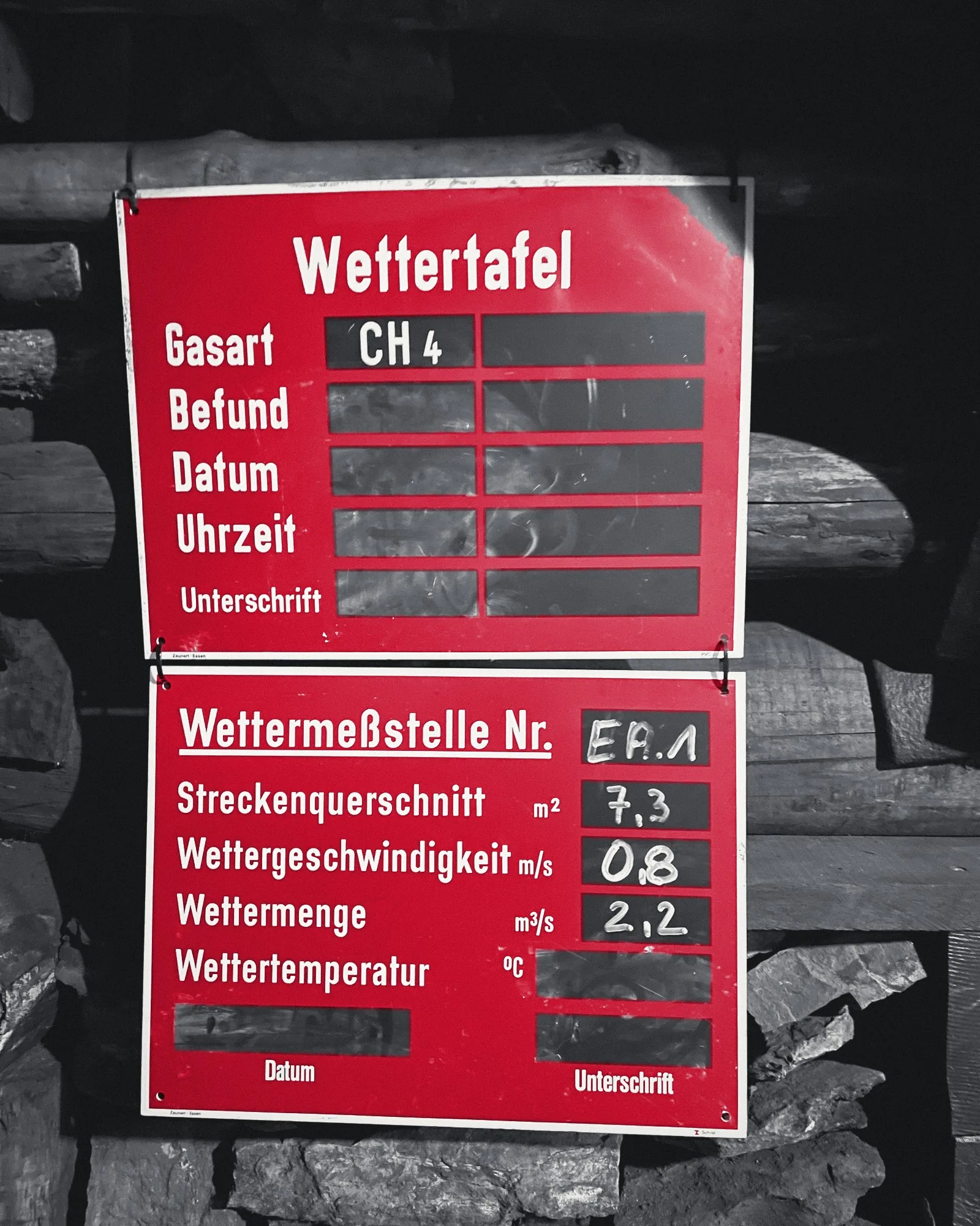Wettertafel aus dem Steinkohlebergbau: Gasart, Befund, Datum, Unterschrift